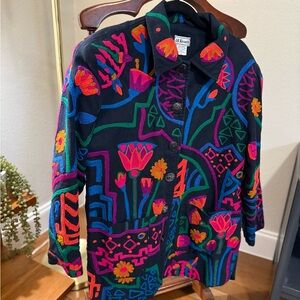 Vintage 100% cotton  jacket with vibrant rainbow folk art embroidery